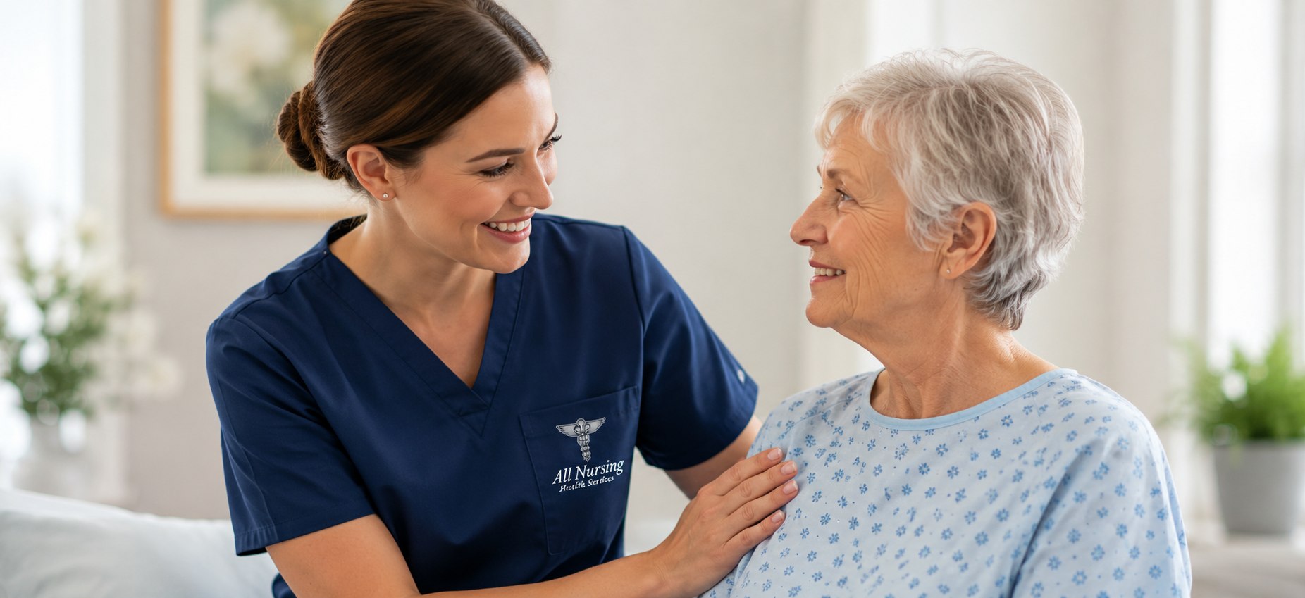 An All Nursing Health Services Inc caregiver sharing a warm moment with a senior client at home
